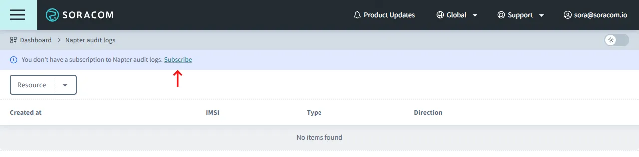 An image of the Napter Audit Logs screen with an arrow pointing at the Subscribe button