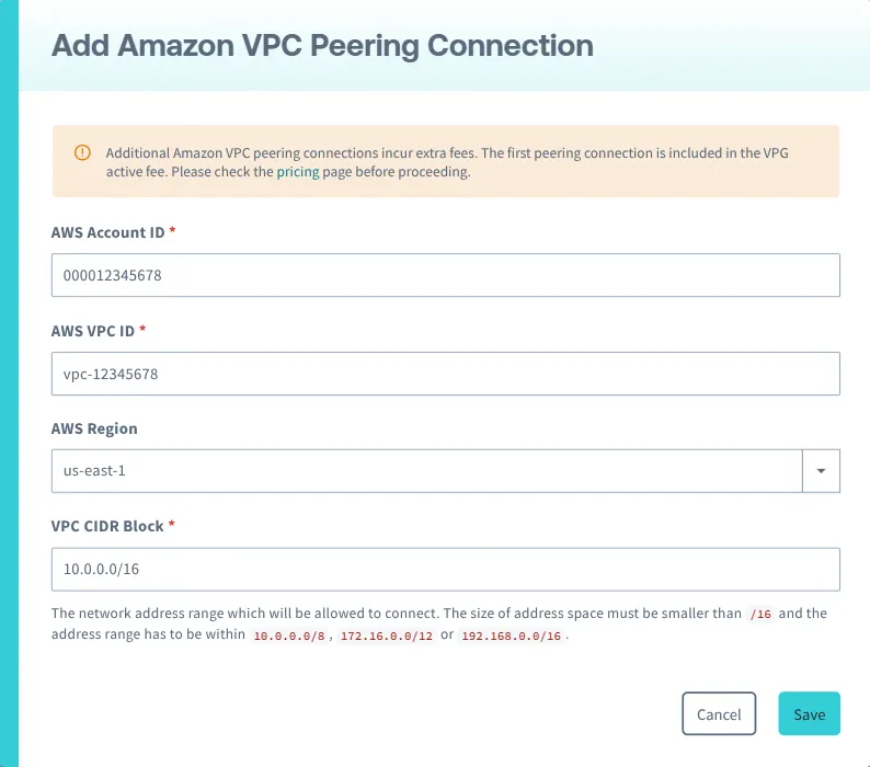 Enter peering connection details