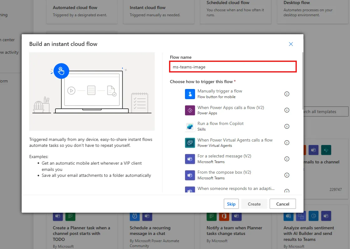 Screenshot highlighting the Flow Name input field in Microsoft Power Automate.
