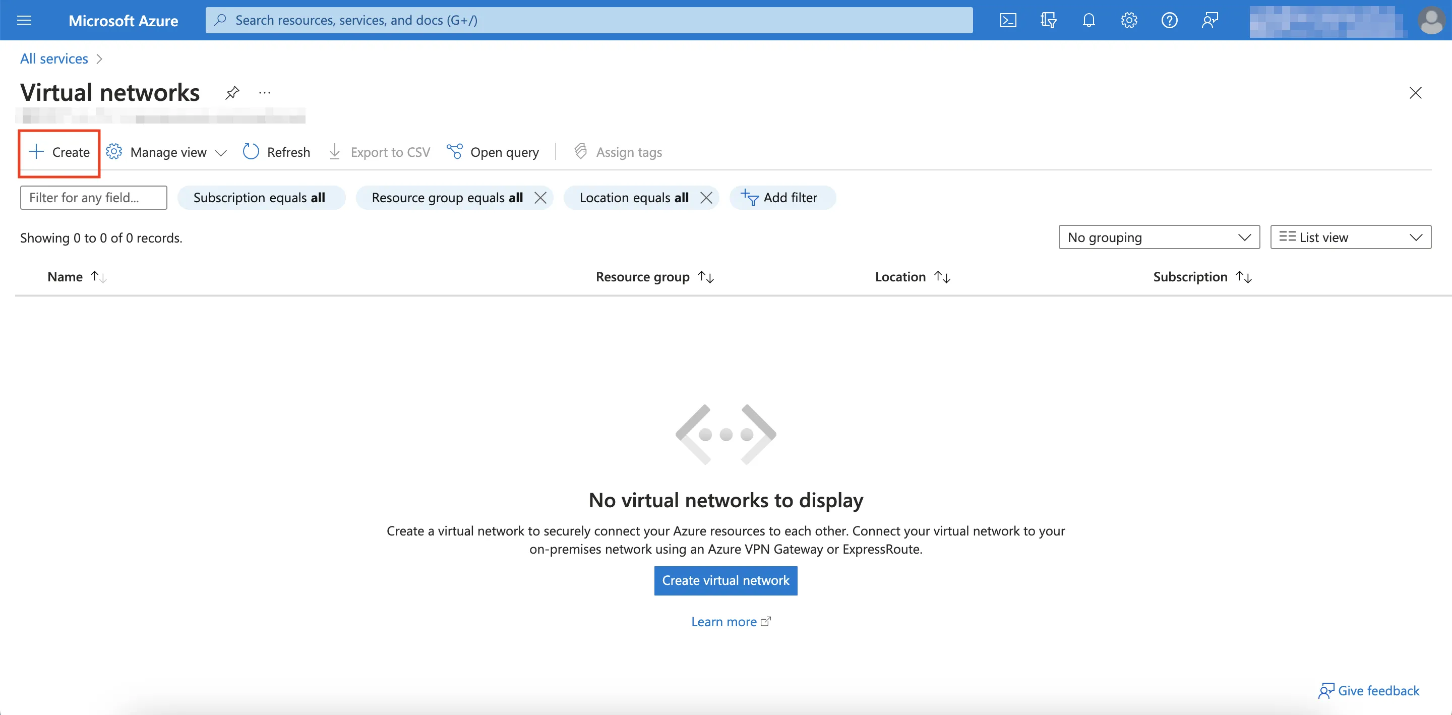 Create Virtual Network Button